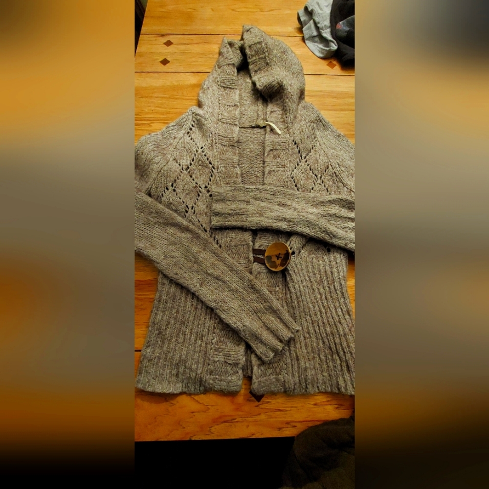 Free People Vintage Small Wool Wood Button Cozy Knit Hooded Cardigan Sweater